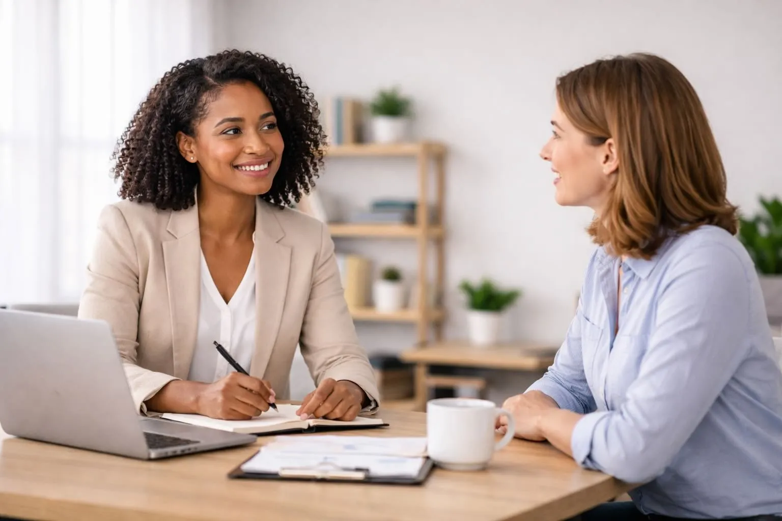 Two women talking and collaborating at a desk in a professional office space.